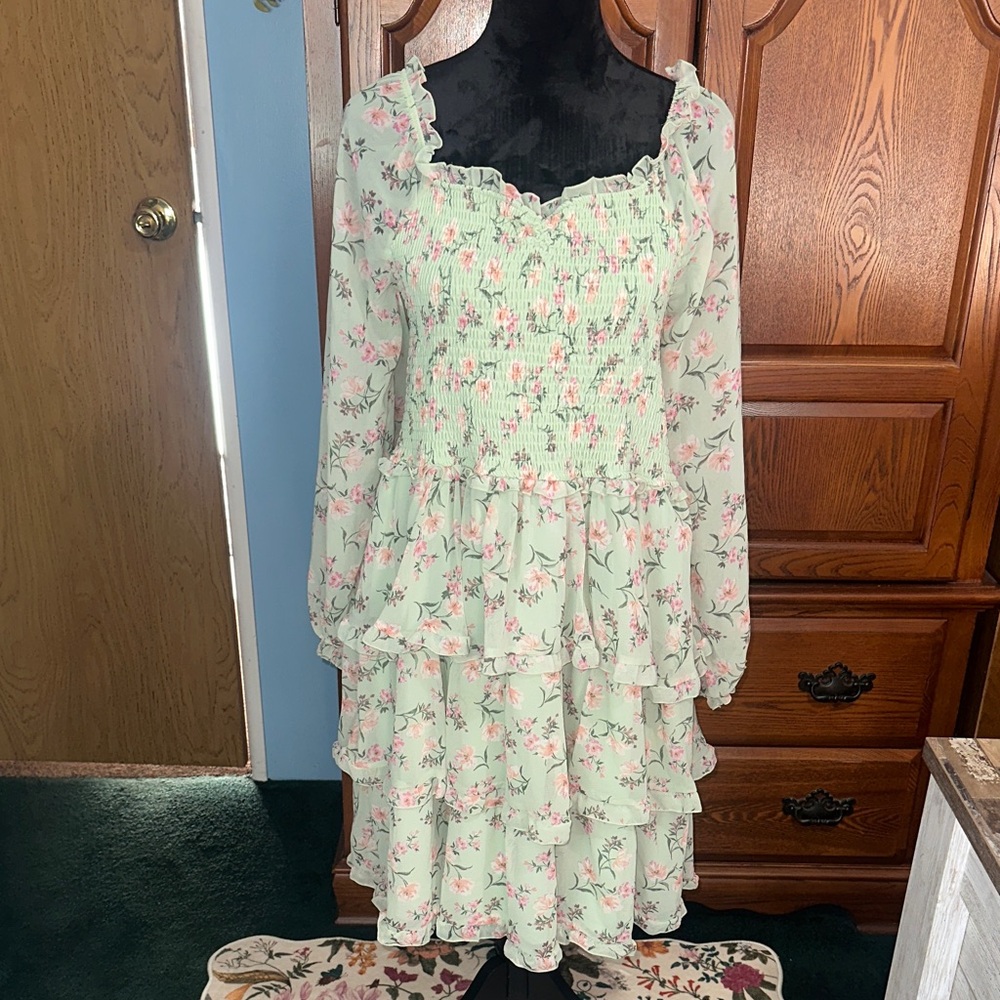 Ultra Flirt Mint Green Floral Long Sleeve Tiered Dress